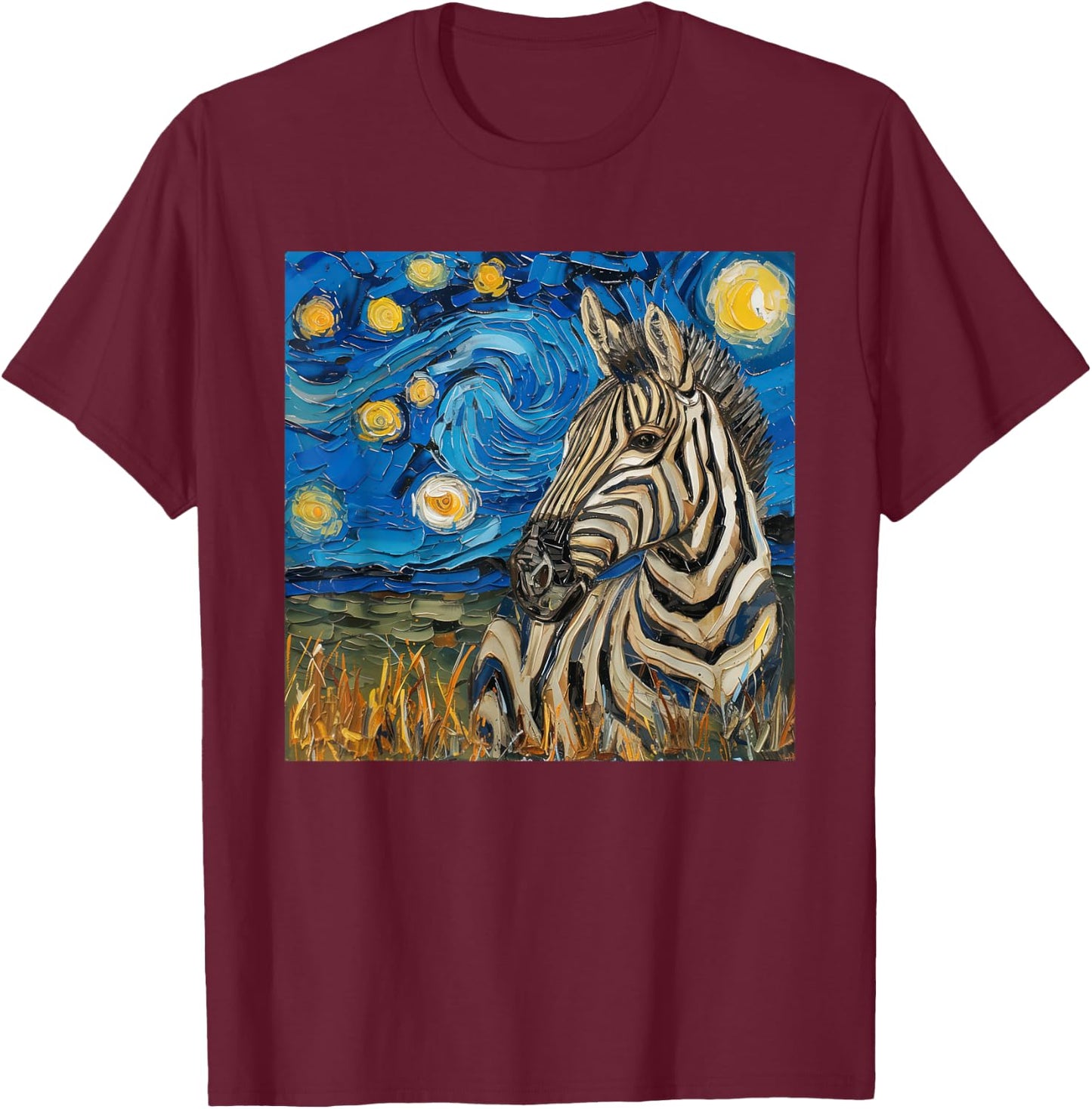 Zebra Van Gogh Style Starry Night T-Shirt - T-Shirt | Maroon