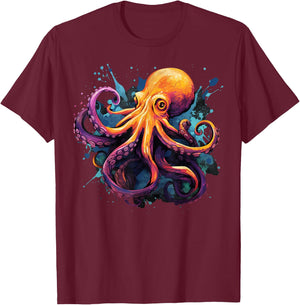 Cool Octopus on Colourful Painted Octopus , black T-Shirt - T-Shirt | Maroon