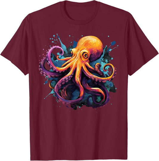 Cool Octopus on Colourful Painted Octopus , black T-Shirt - T-Shirt | Maroon