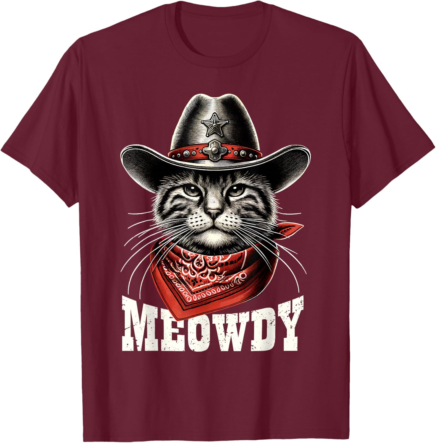 Meowdy Cat Cowboy Hat Howdy Funny Country Western Cat Meme T-Shirt - T-Shirt | Maroon