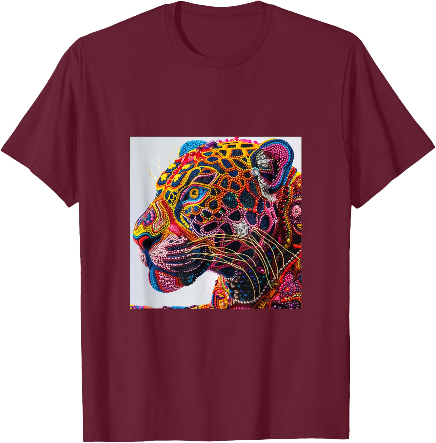 Jaguar Head Huichol Art Mexico Aztec Mayas T-Shirt - T-Shirt | Maroon
