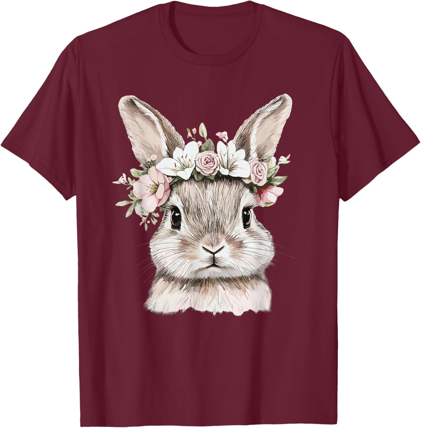 Cute Bunny with Floral Crown Illustration T-Shirt - T-Shirt | Maroon
