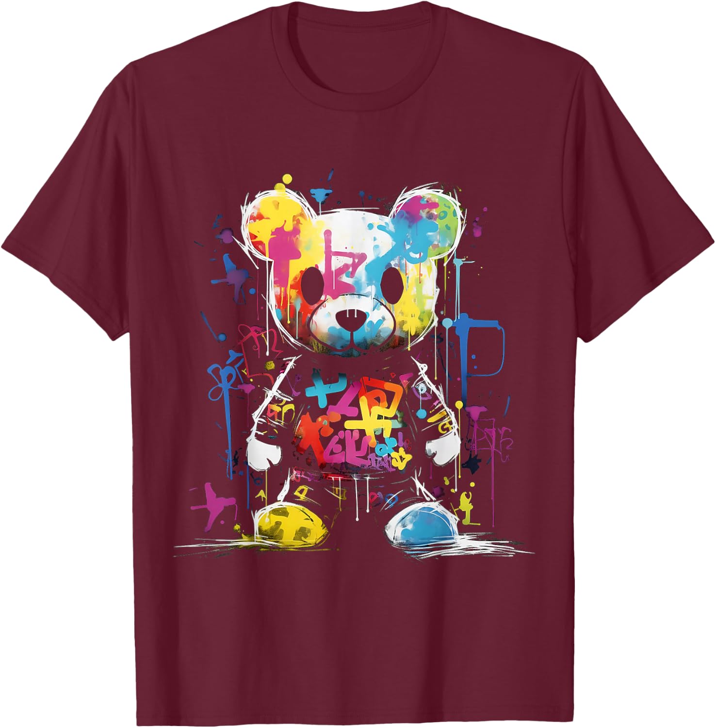 Bear Colourful Animal Graphic Bear , black T-Shirt - T-Shirt | Maroon