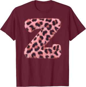 Letter Z Cheetah Leopard Print Pink Initial Zebra Matching T-Shirt - T-Shirt | Maroon