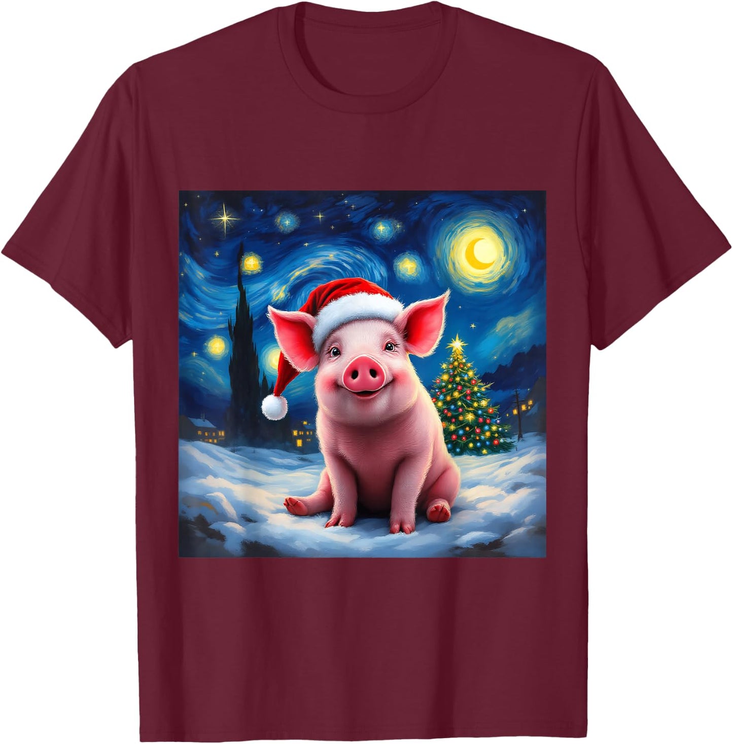 Pig Santa Hat Christmas Van Gogh Starry Night Holiday T-Shirt - T-Shirt | Maroon