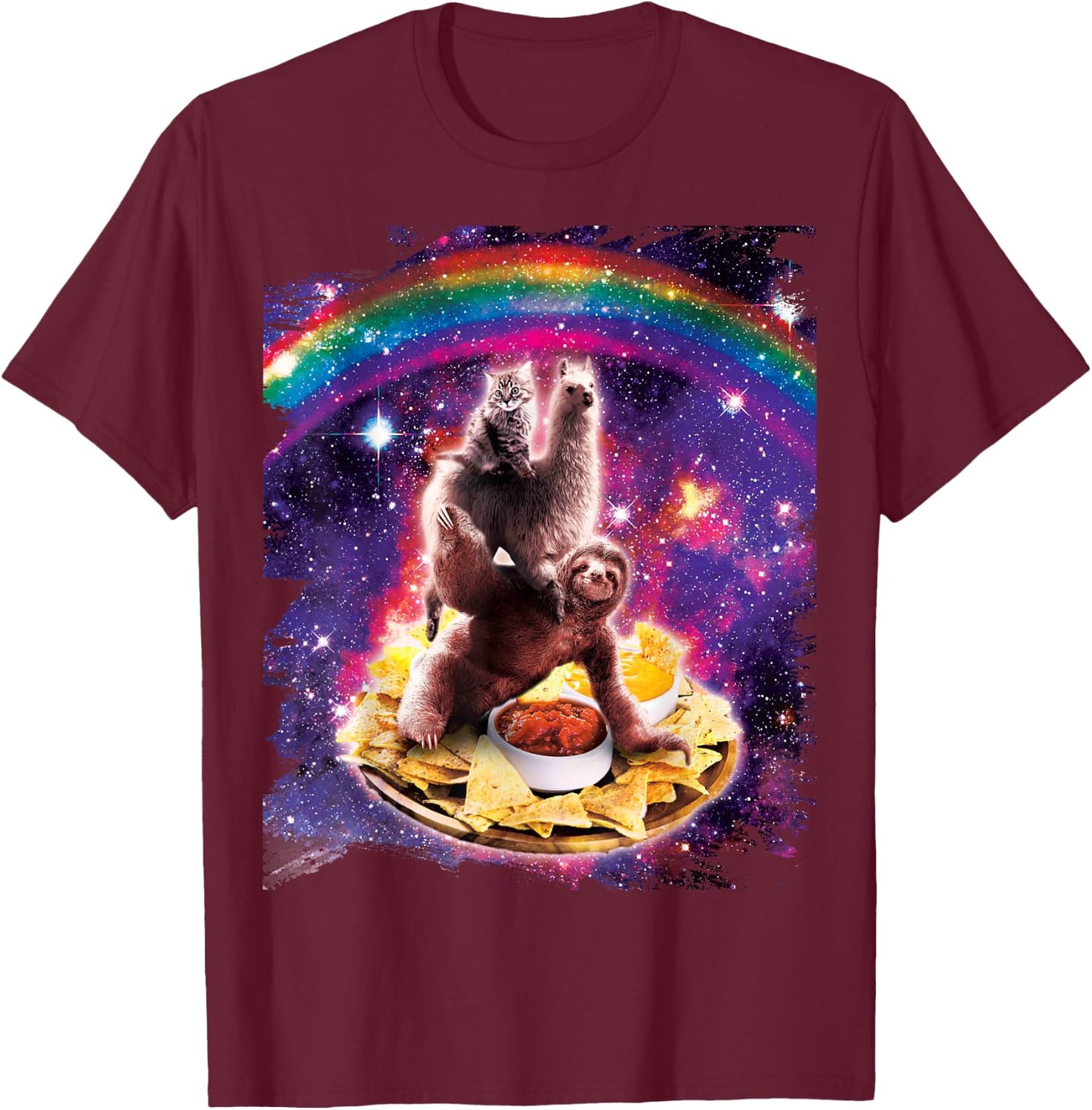 Space Cat Lama Sloth Riding Nachos T-Shirt - T-Shirt | Maroon