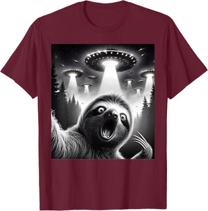 Sloth Selfie With UFO Alien Funny Sloth Lover T-Shirt - T-Shirt | Maroon