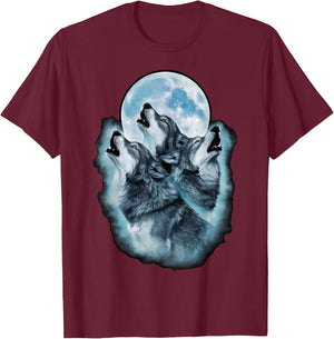 Wolf Wild Animals Full Moon Three Howling Wolves , Black, S T-Shirt - T-Shirt | Maroon