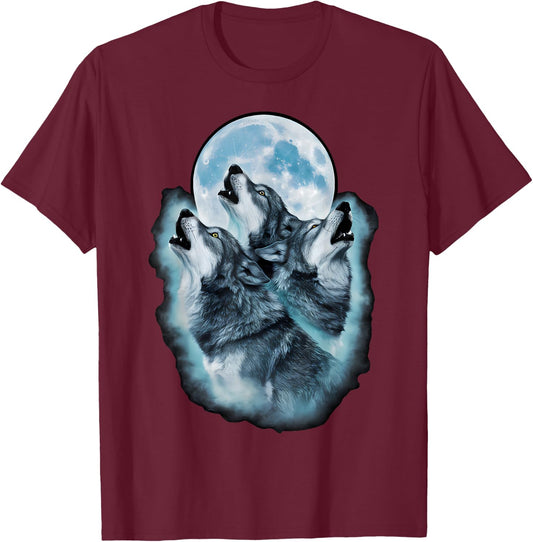 Wolf Wild Animals Full Moon Three Howling Wolves , Black, S T-Shirt - T-Shirt | Maroon