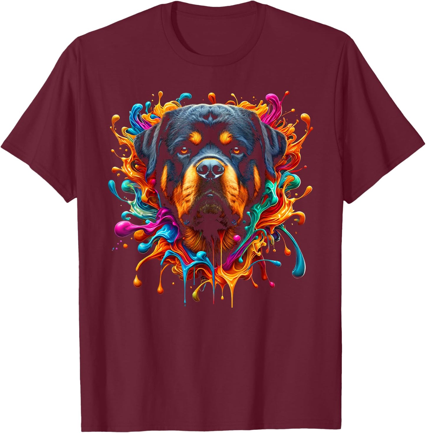 Cute Rottweiler in Colourful Paint Splashes T-Shirt - T-Shirt | Maroon