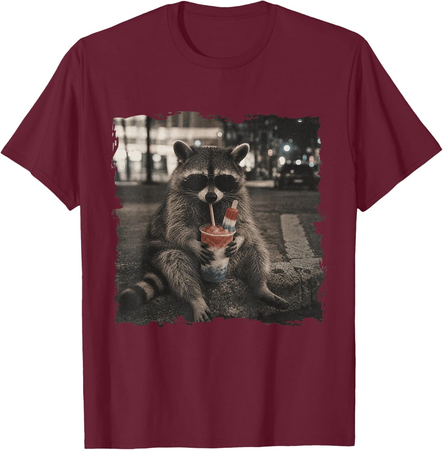 Patriotic Raccoon Drinking Iced Slushie 4th of July America T-Shirt - T-Shirt | Maroon
