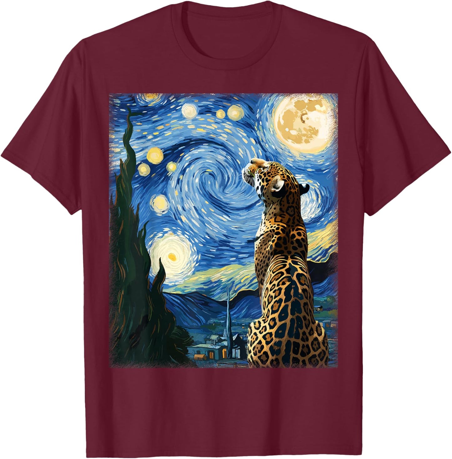 Artistic Jungle Animal Van Gogh Style Starry Night Jaguar T-Shirt - T-Shirt | Maroon