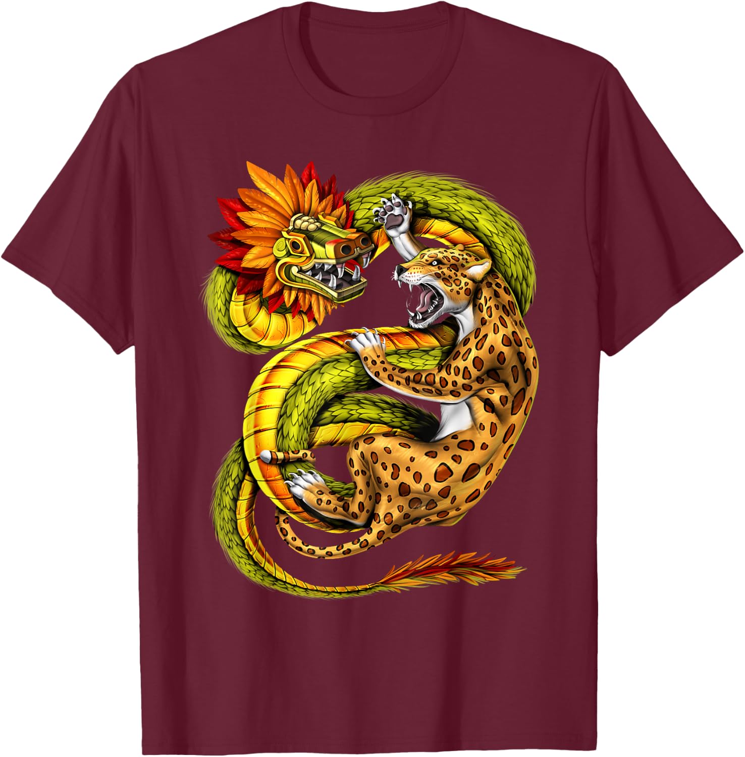 Aztec Feathered Serpent God Quetzalcoatl Aztec Jaguar T-Shirt - T-Shirt | Maroon