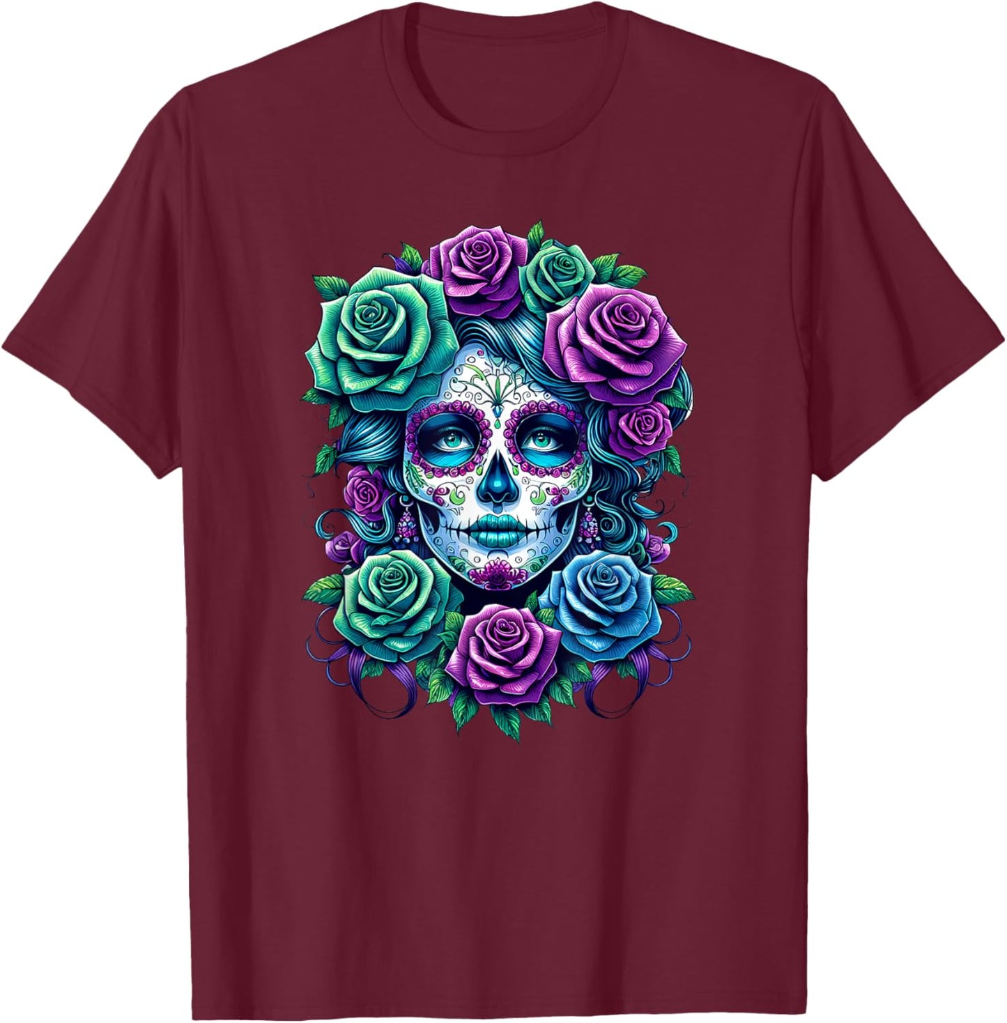 Dia de Muertos Cinco de Mayo Sugar Skull Women Flowers Roses T-Shirt - T-Shirt | Maroon