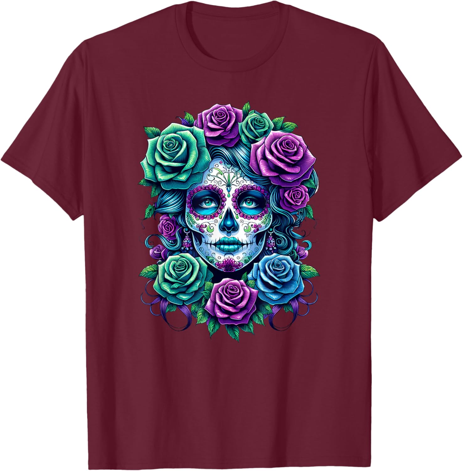 Dia de Muertos Cinco de Mayo Sugar Skull Women Flowers Roses T-Shirt - T-Shirt | Maroon