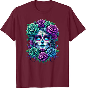 Dia de Muertos Cinco de Mayo Sugar Skull Women Flowers Roses T-Shirt - T-Shirt | Maroon