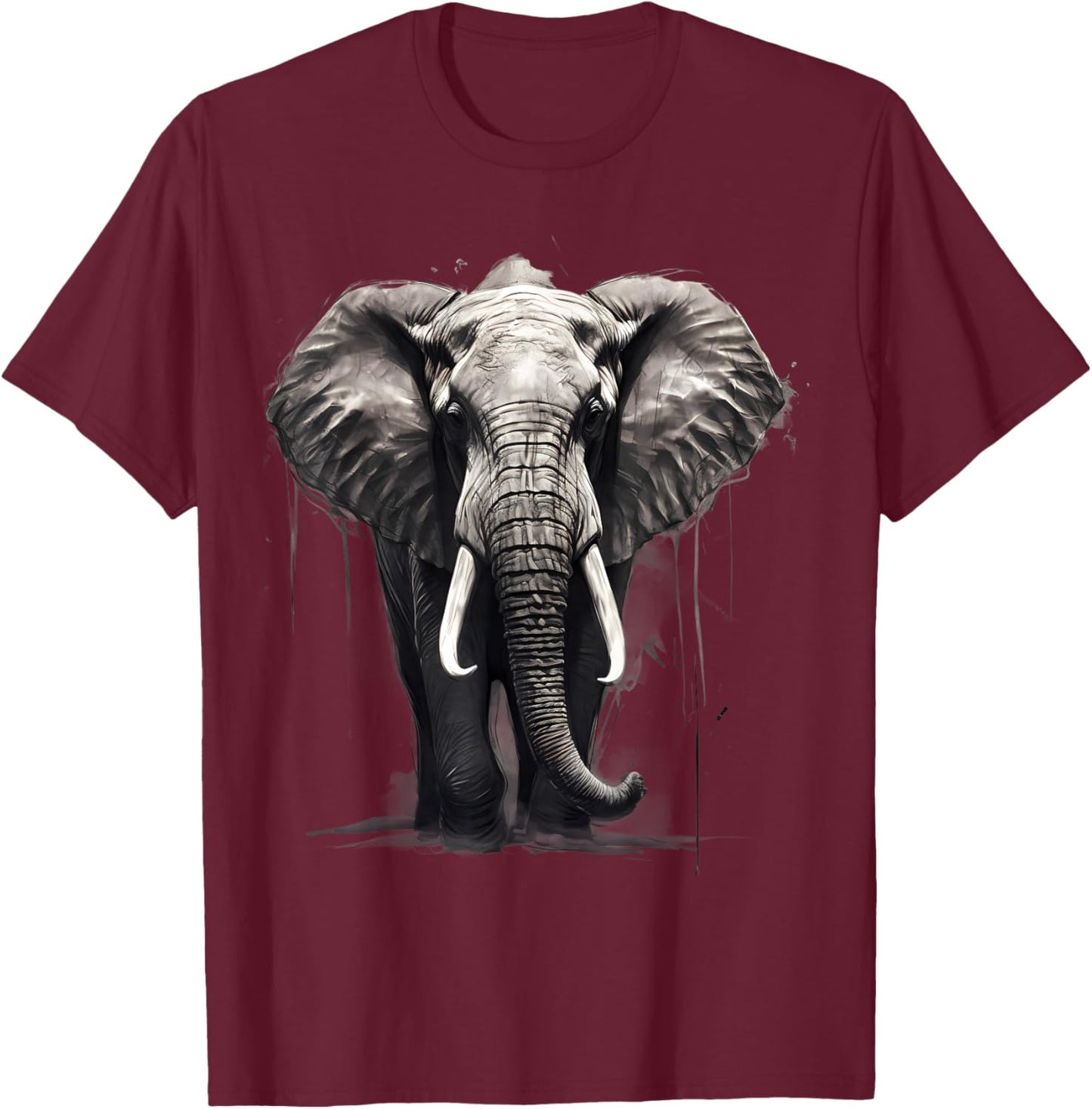 Elephant Safari Animal Print Motif Drawing Artwork Wildlife T-Shirt - T-Shirt | Maroon
