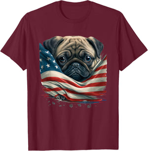 American Flag Pug | USA Patriotic Pug Dog | Funny Pug Lover T-Shirt - T-Shirt | Maroon