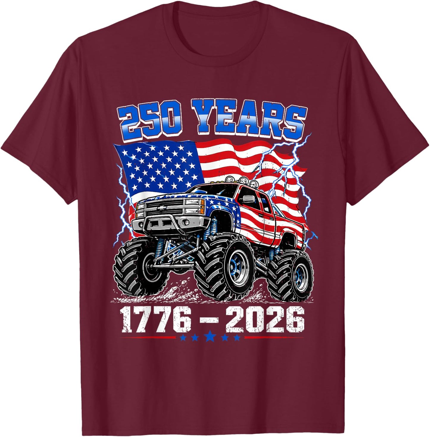 America 250th Patriotic USA Monster Truck 4th of July Kids T-Shirt - T-Shirt | Maroon