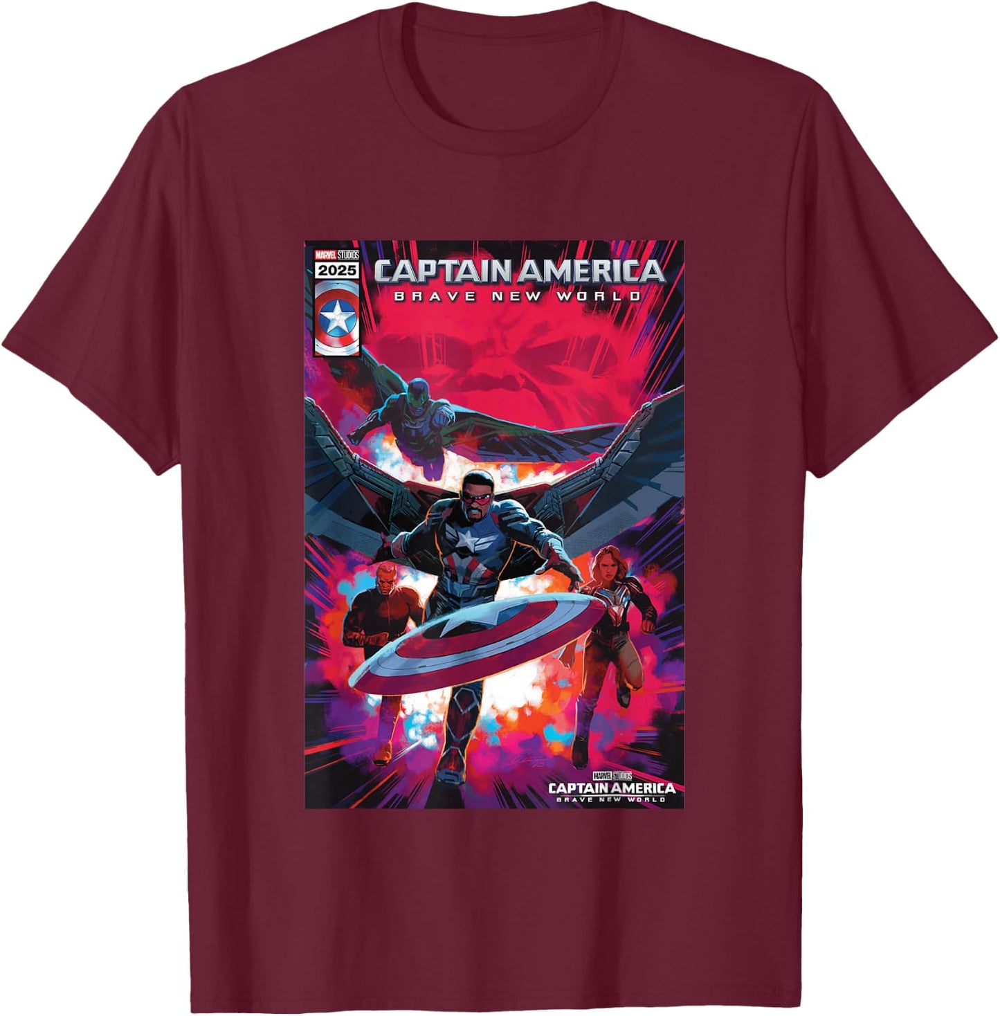 Marvel Captain America: Brave New World Epic Teamup Poster T-Shirt - T-Shirt | Maroon