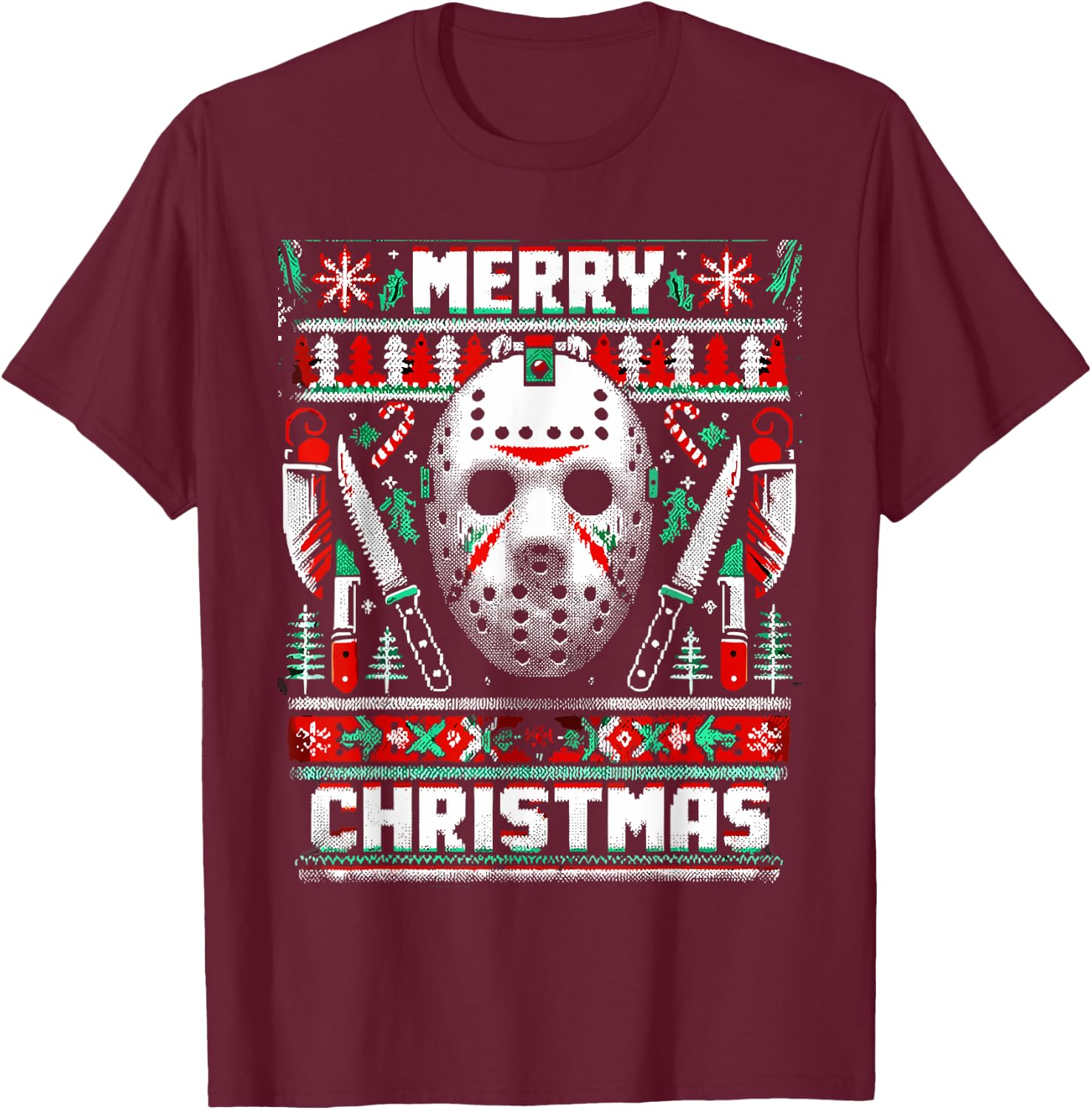 Merry Creepmas Festive Slasher Ugly Christmas T-Shirt - T-Shirt | Maroon