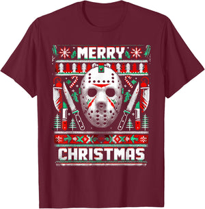 Merry Creepmas Festive Slasher Ugly Christmas T-Shirt - T-Shirt | Maroon
