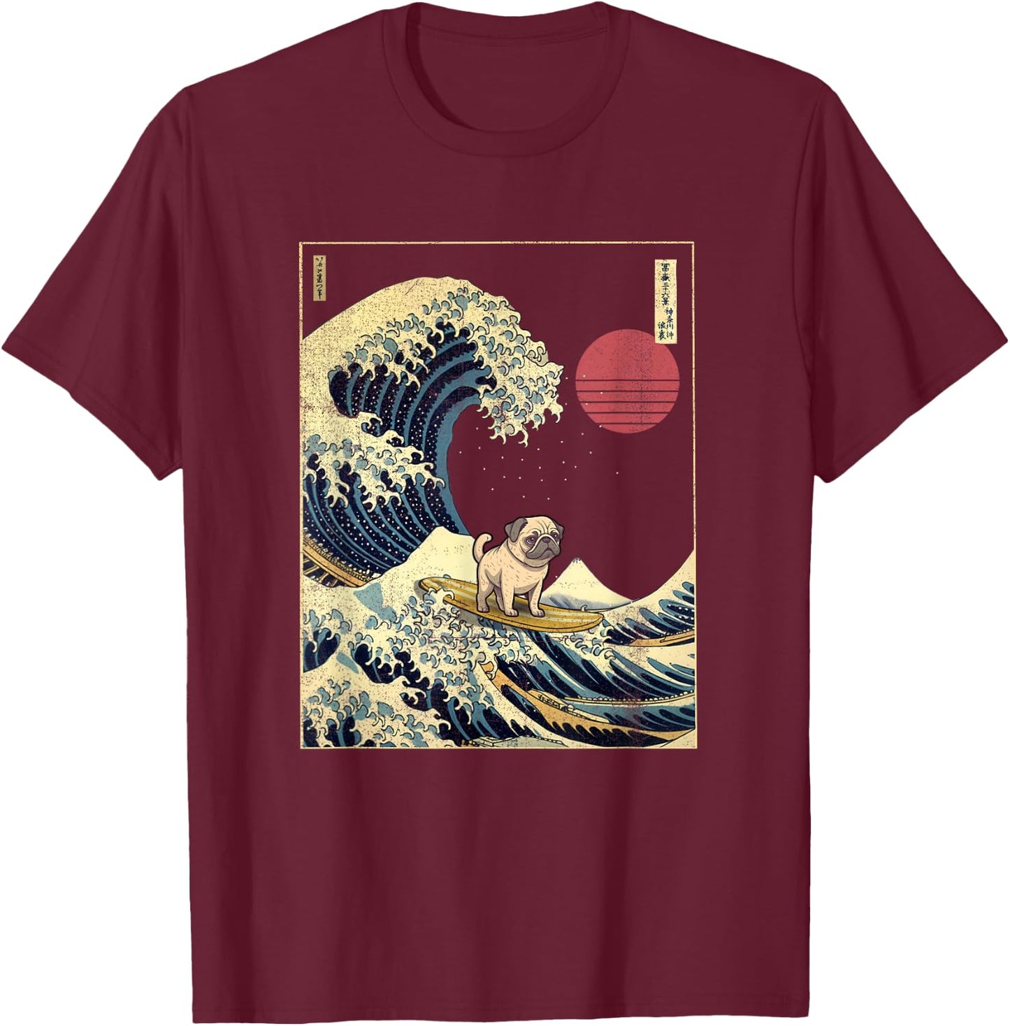 Mops Japanischer Kanagawa Wave Funny Surf Dog T-Shirt - T-Shirt | Maroon