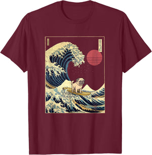 Mops Japanischer Kanagawa Wave Funny Surf Dog T-Shirt - T-Shirt | Maroon