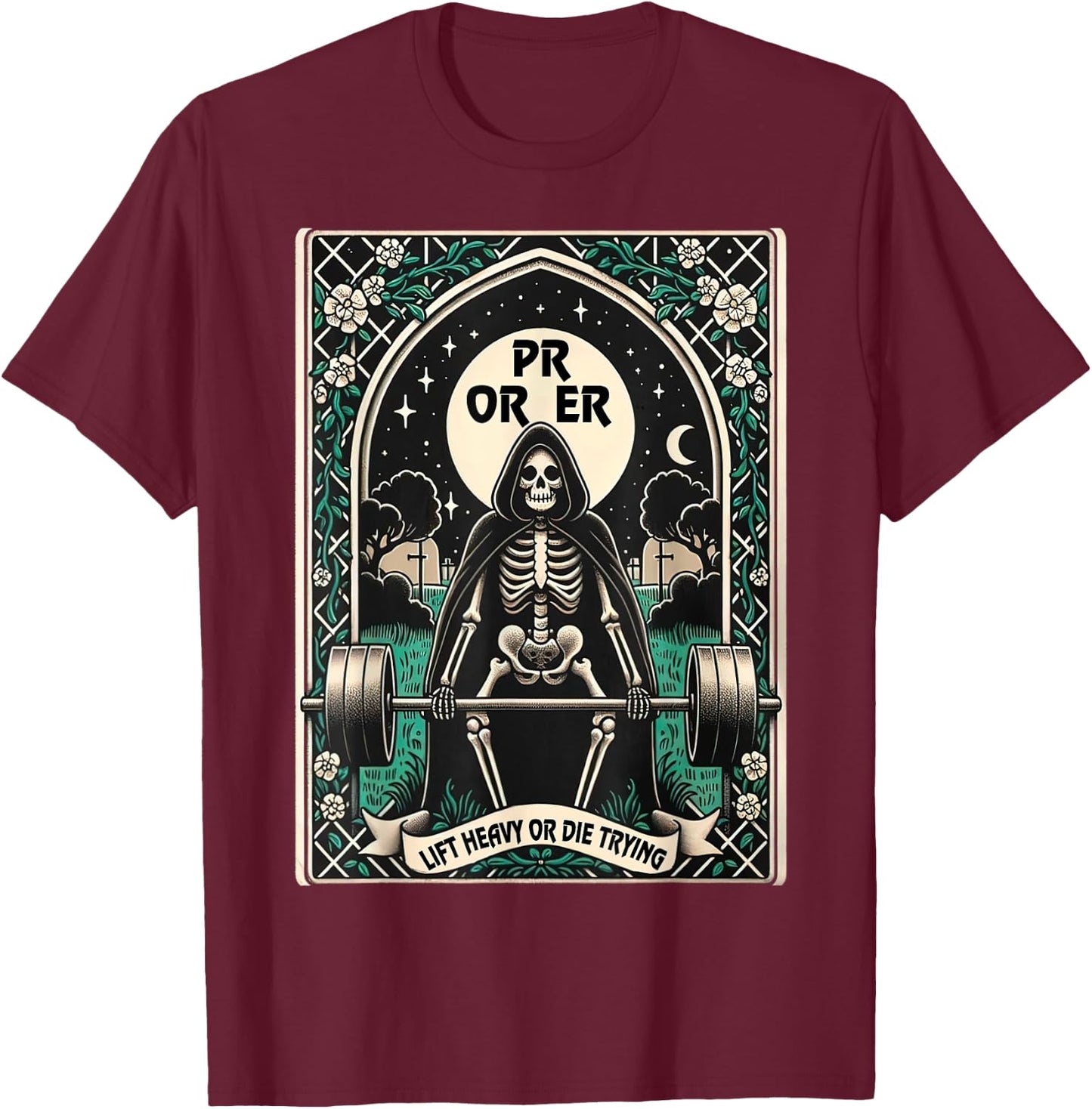 Skeleton Gym, Halloween Pump Cover, PR OR ER Card Tarot T-Shirt - T-Shirt | Maroon