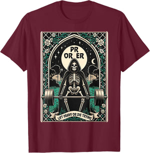 Skeleton Gym, Halloween Pump Cover, PR OR ER Card Tarot T-Shirt - T-Shirt | Maroon