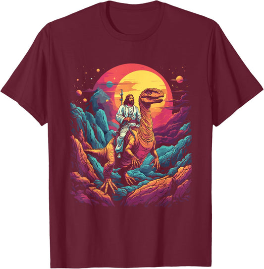 Jesus reitet im Weltraum T-Rex Dinosaurier Meme Sci-Fi Believers T-Shirt - T-Shirt | Maroon