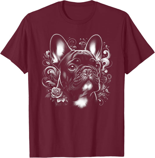 Cute French Bulldog with Flower Decoration , black T-Shirt - T-Shirt | Maroon
