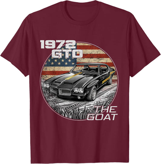 72 1972 GTO American Flag Silhouette Muscle Car T-Shirt - T-Shirt | Maroon