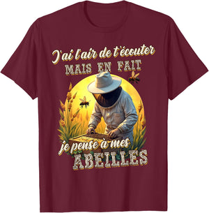 Funny Beekeeper Gift Je pensse à mes abeilles , Black, S T-Shirt - T-Shirt | Maroon