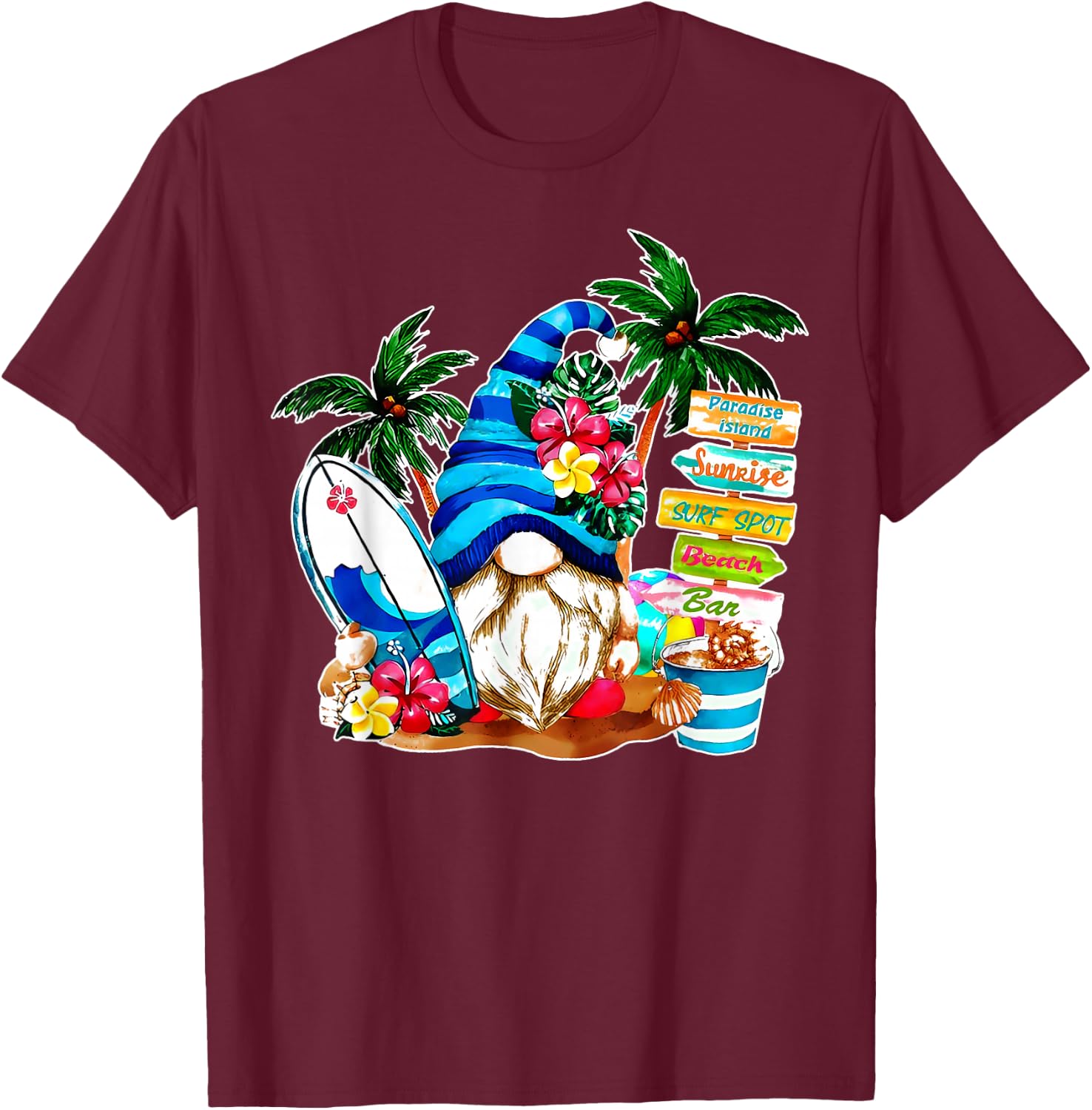 Holiday Beach Gnome Flower Palm Tree Surf Vacation Gnomies T-Shirt - T-Shirt | Maroon
