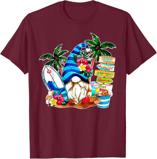 Holiday Beach Gnome Flower Palm Tree Surf Vacation Gnomies T-Shirt - T-Shirt | Maroon