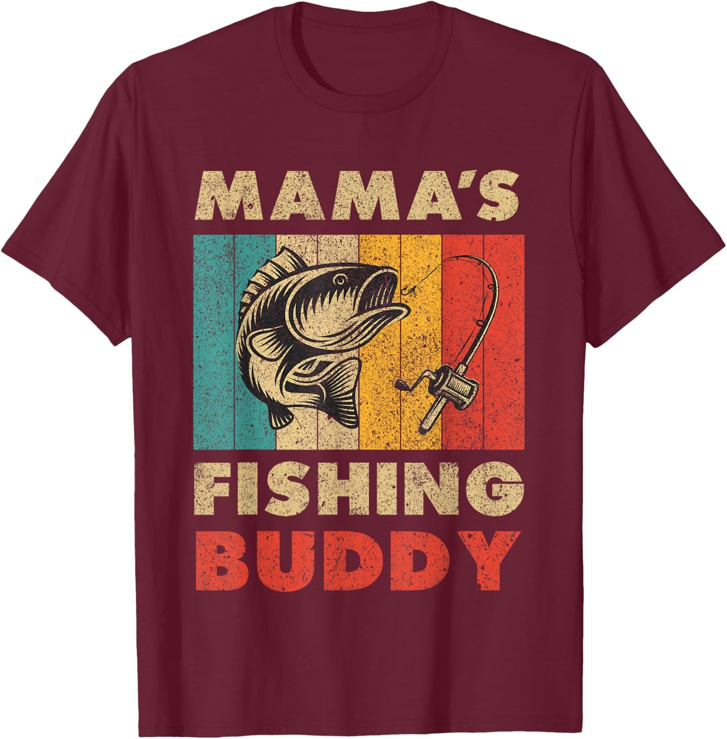 Funny Fishing Mama's Fishing Buddy Vintage Fishing T-Shirt - T-Shirt | Maroon