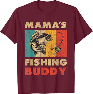 Funny Fishing Mama's Fishing Buddy Vintage Fishing T-Shirt - T-Shirt | Maroon