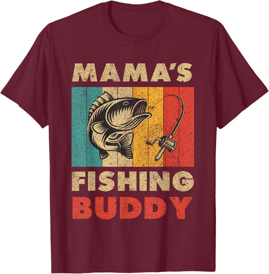 Funny Fishing Mama's Fishing Buddy Vintage Fishing T-Shirt - T-Shirt | Maroon