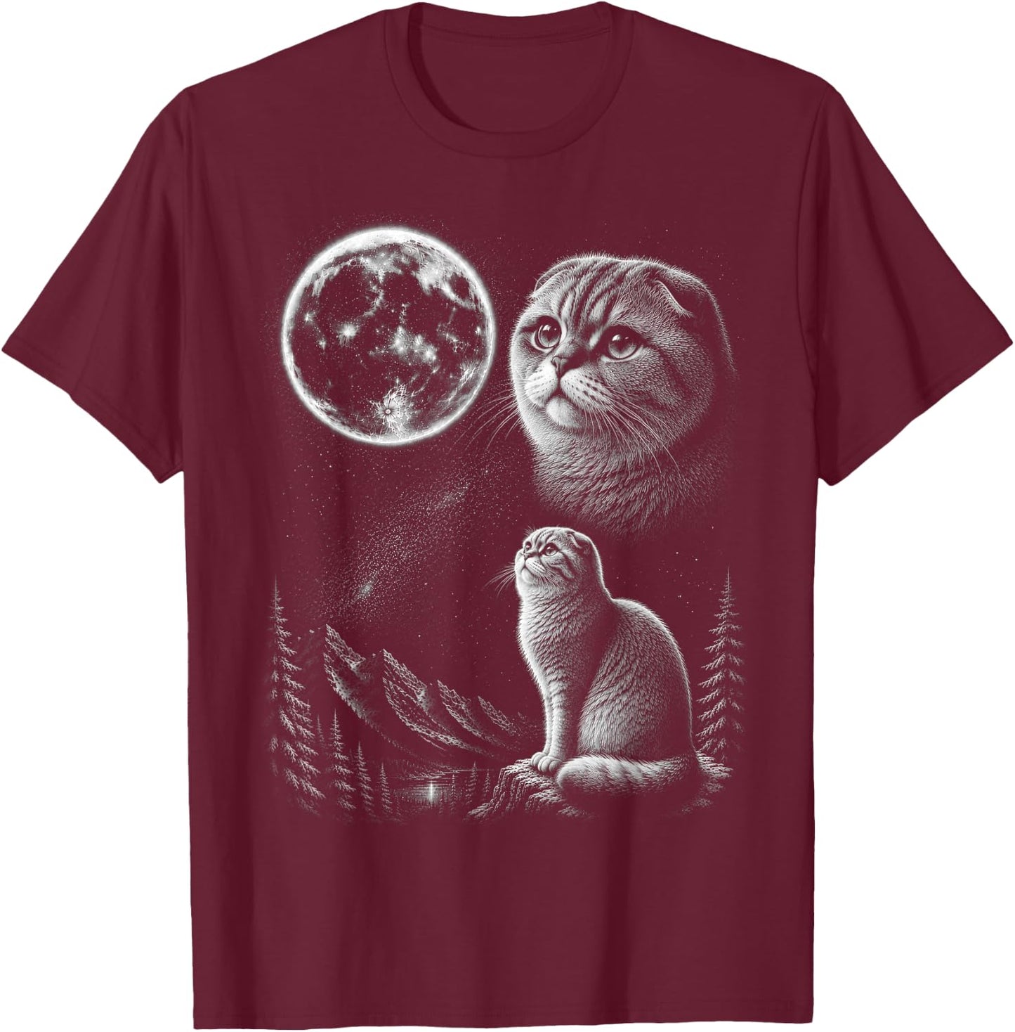 Scottish Fold Cat Howling to the Moon 90's Retro T-Shirt - T-Shirt | Maroon