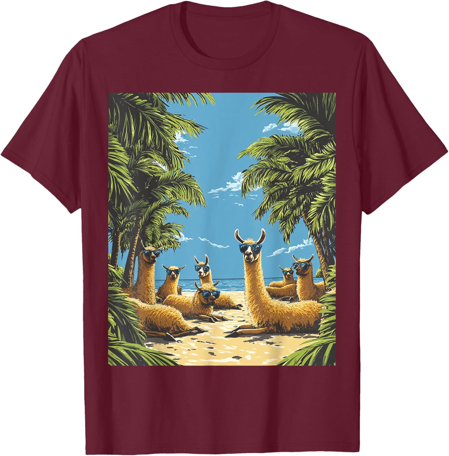 Funny Llamas Lounging On Beach T-Shirt - T-Shirt | Maroon