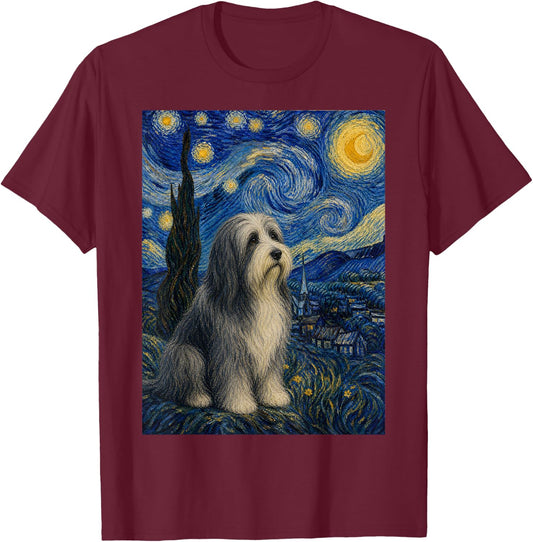 Bearded Collie Dog Van Gogh Starry Night T-Shirt - T-Shirt | Maroon