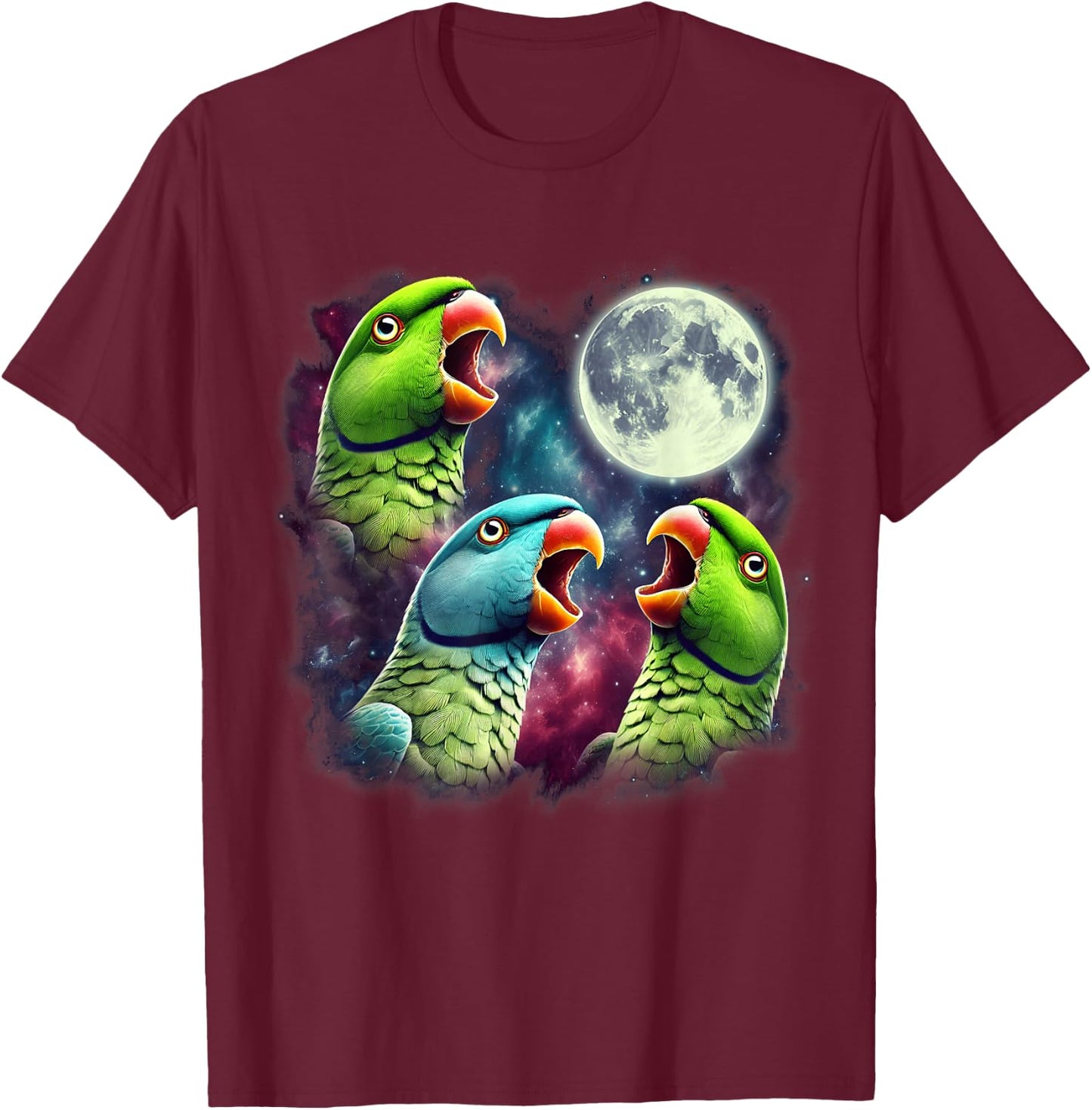Three Indian Ringneck Parrots Howling at Moon Funny Meme T-Shirt - T-Shirt | Maroon