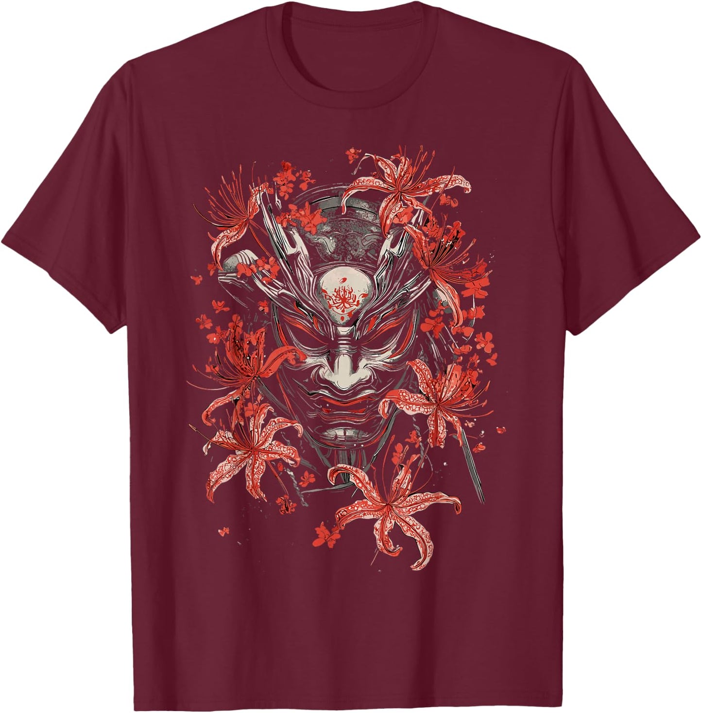 Red Spider Lily Flower Oni Mask Noh Japanese Anime Otaku T-Shirt - T-Shirt | Maroon