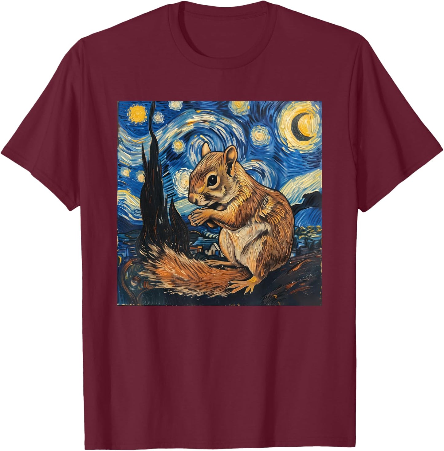 Squirrel Van Gogh Style Starry Night T-Shirt - T-Shirt | Maroon