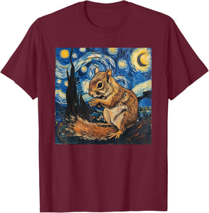 Squirrel Van Gogh Style Starry Night T-Shirt - T-Shirt | Maroon