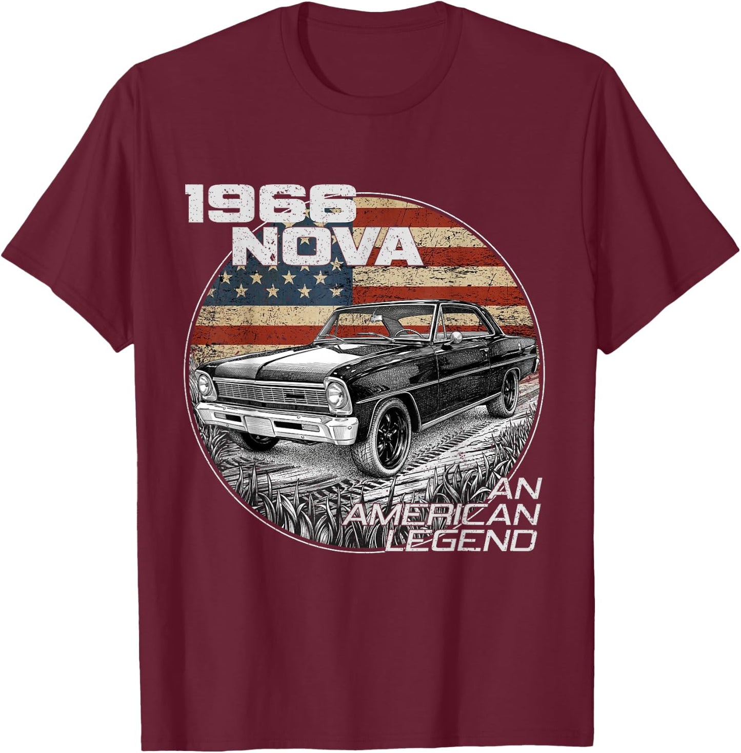 1966 66 Nova Silhouette Muscle Car American Flag T-Shirt - T-Shirt | Maroon