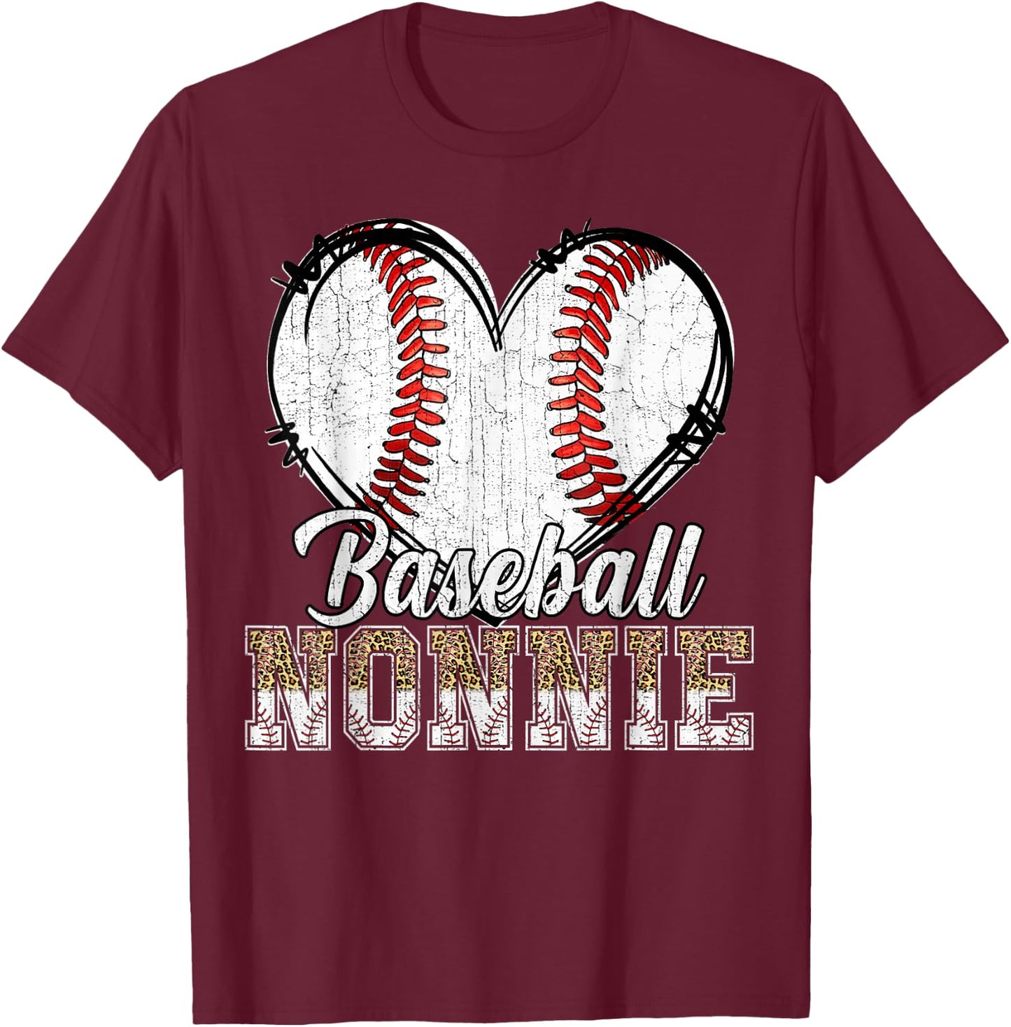 Softball Baseball Nonnie Heart Leopard Print Mother's Day T-Shirt - T-Shirt | Maroon