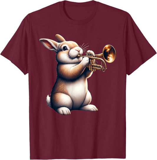 Cute Rabbit Bunny Playing Trumpet Rabbits Musician Music T-Shirt - T-Shirt | Maroon