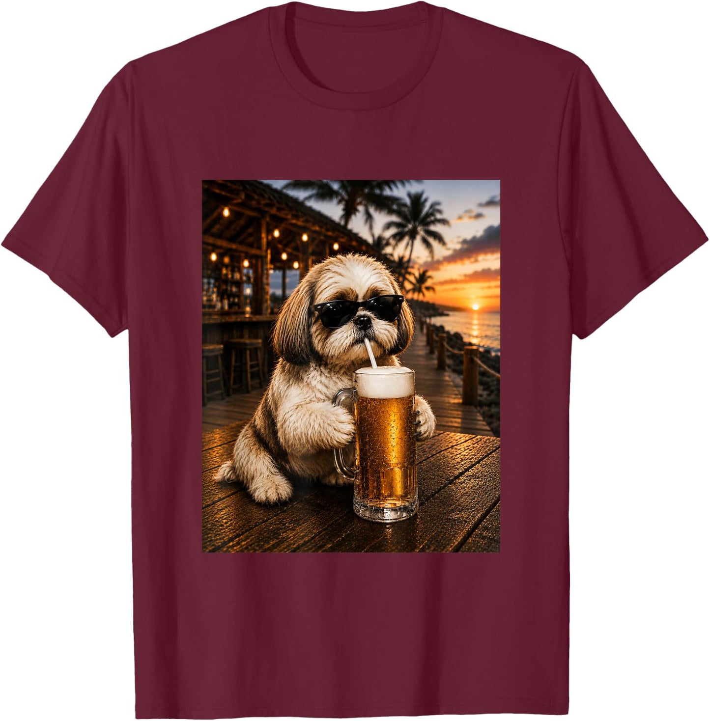 Funny Shih Tzu Drinking Beer Beach Sunset Men Women T-Shirt - T-Shirt | Maroon